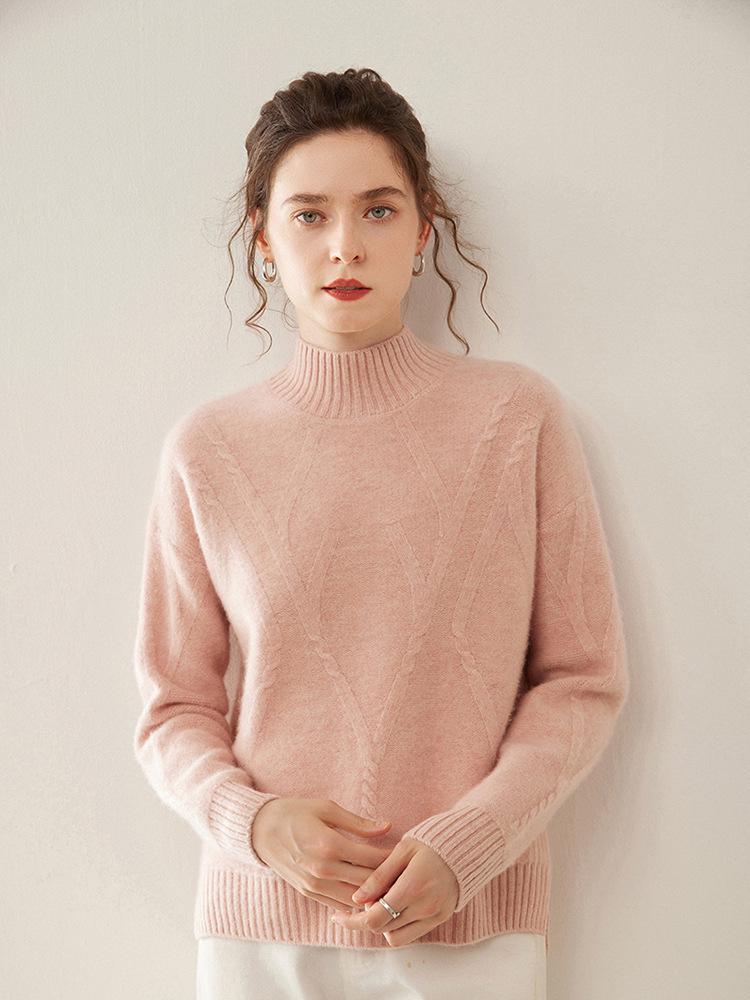 Women's Cashmere Jacquard Half-High Neck Pullover - Loose Fit with Drop Shoulder and Long Sleeves