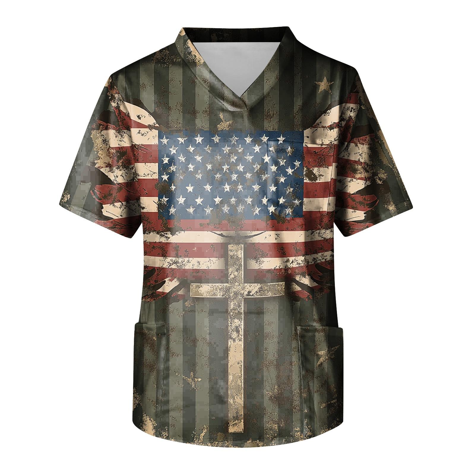 

Men s Independence Day Print Medical Scrub Top V Neck Tie Pocket Comfortable Fit Daily Workwear for Healthcare Professionals S винный