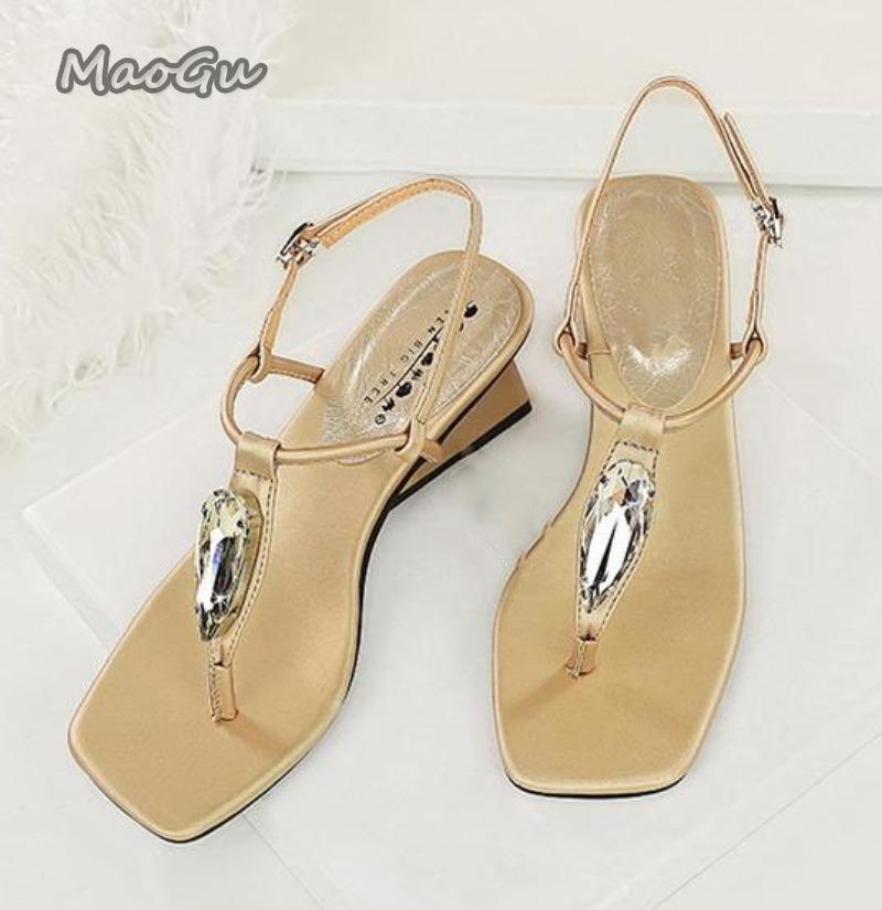 Fashion Luxury Rhinestone Embellished Fashion Design Shoes Back Strap Buckle Wedges Sandals Women Elegant Banquet Dress Shoes 7CM Heels