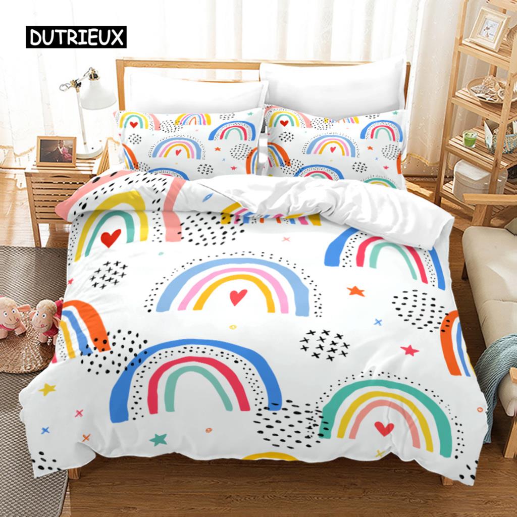Duhová sada povlaku na přikrývku King Mikrovlákno Dívčí Estetický Duhy Ložní Sada pro Děti Kawaii Hrad Dezert Vzor Povlak na Prošívanou Přikrývku