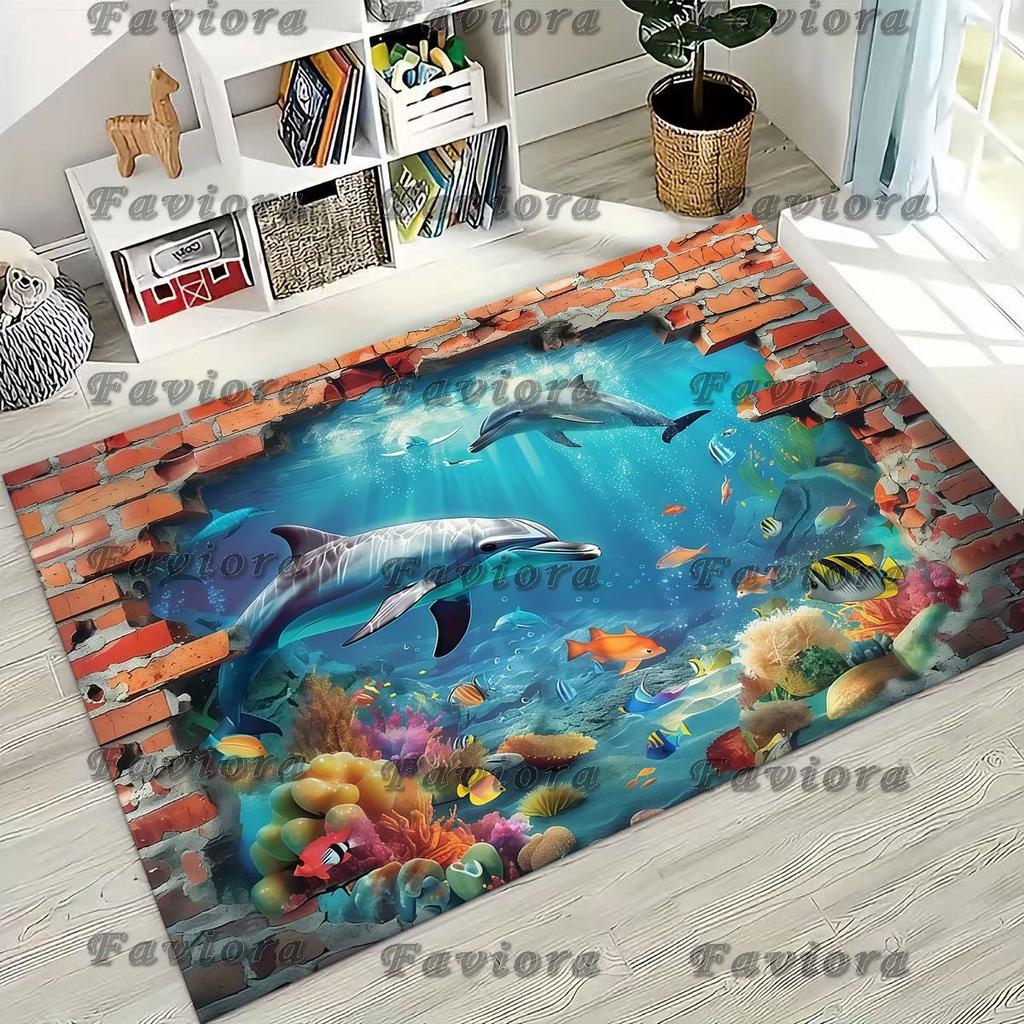 27 Style 3D Illusion Sea Underwater World Dolphin Rug for Bedroom Living Room Sofa Home Doormat Decor, Kids Non-slip Floor Mat