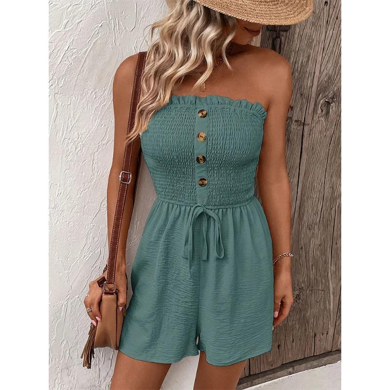 Summer Fashion Splicing Women's Solid Color Sexy Sleeveless Button Tie Waist Casual Comfortable Jumpsuit Shorts