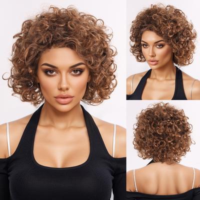 Short Afro Curly Wigs for Women Natural Blonde Wig with Bangs Ombre Brown Hair African Hairstyle Female Daily Halloween Party
