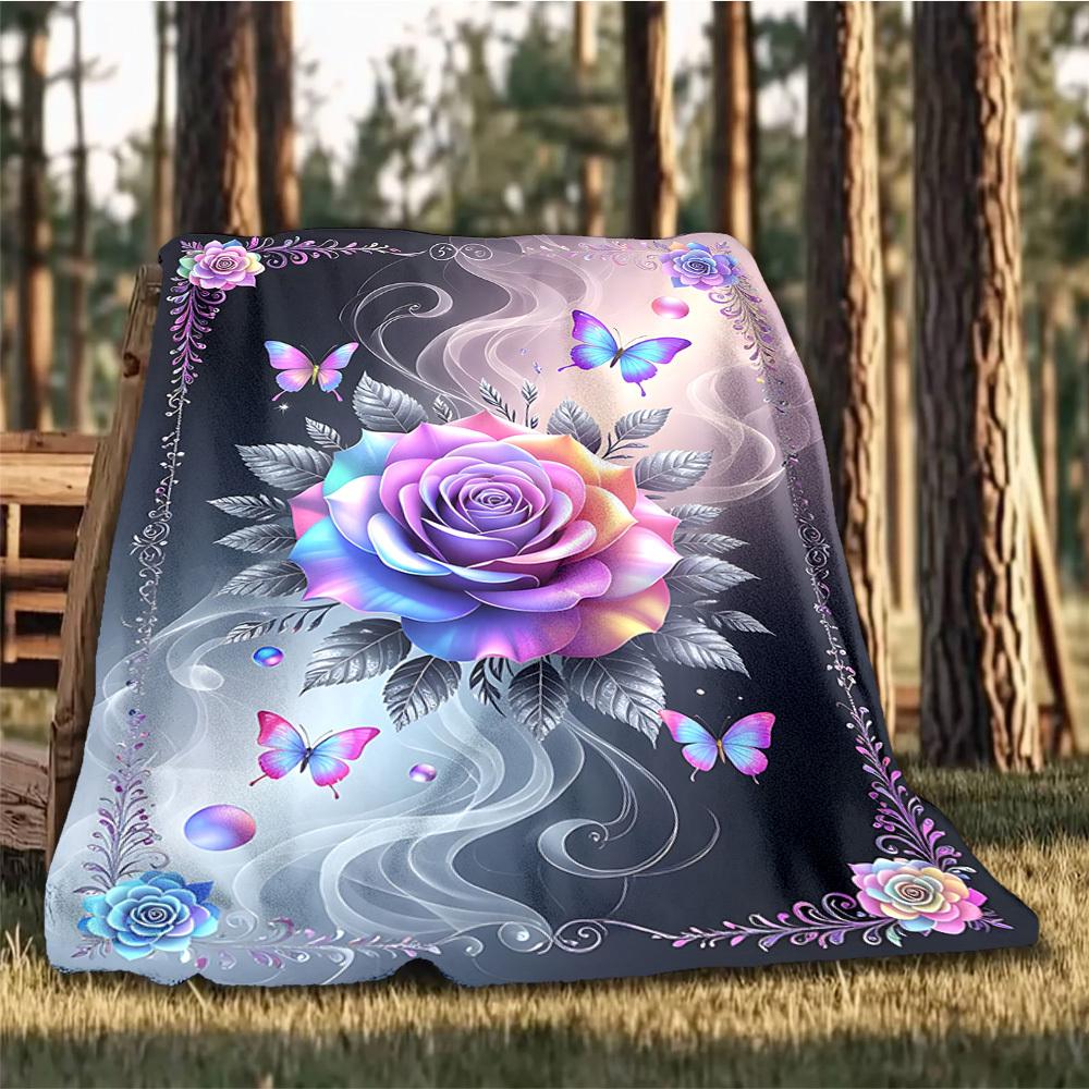 1pc Rose Butterfly Throw Blanket Polyester Fiber, Lightweight Flannel, Soft & Warm, All Season Use for Outdoor, Camping
