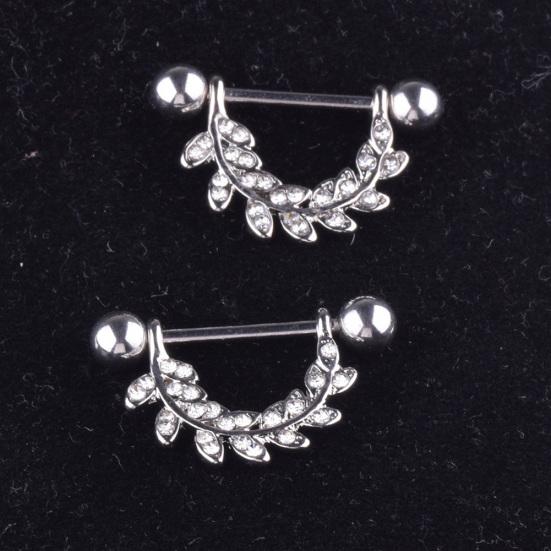 1Pc Women Rhinestone Inlaid Leaf Barbell Nipple Ring Body Piercing Jewelry Gift