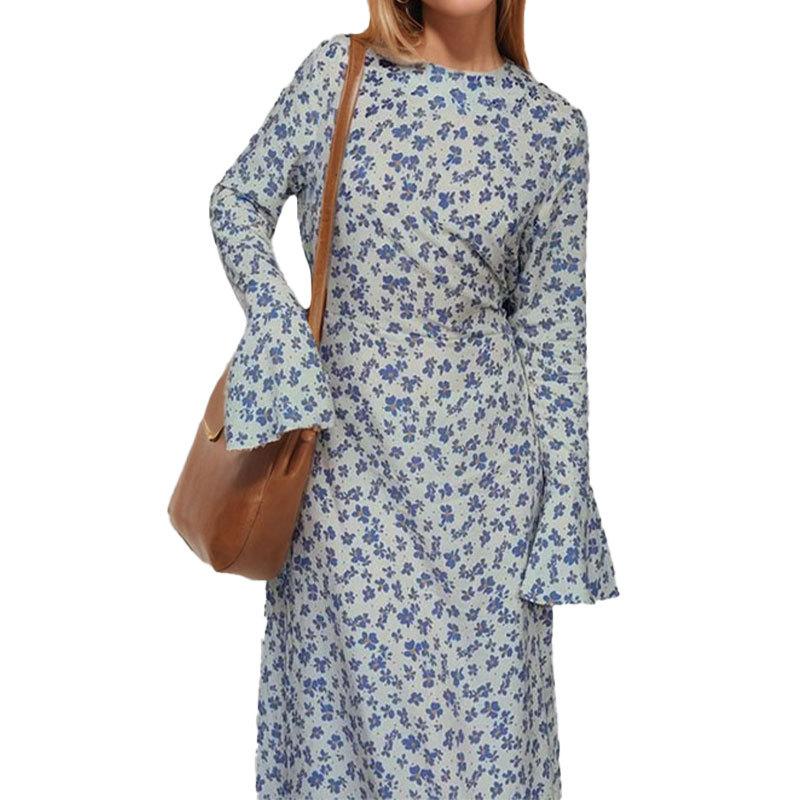 2025 spring new women's clothing fashion temperament floral horn sleeve crew neck long dress loose casual dress