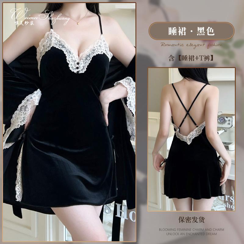 Sexy female autumn and winter new velvet slit suspender pure desire suspender nightgown set M