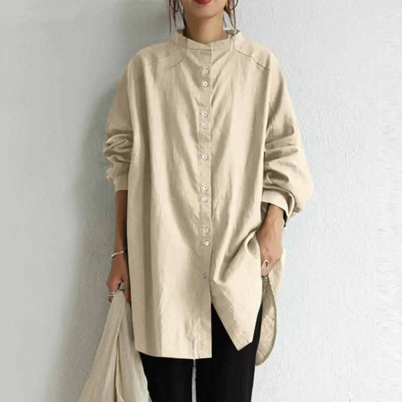 Camisa de Manga Larga de un Solo Botón con Cuello Alto Retro para Otoño e Invierno, Camisa Básica Casual Suelta de Color Sólido de Algodón y Lino para Mujer