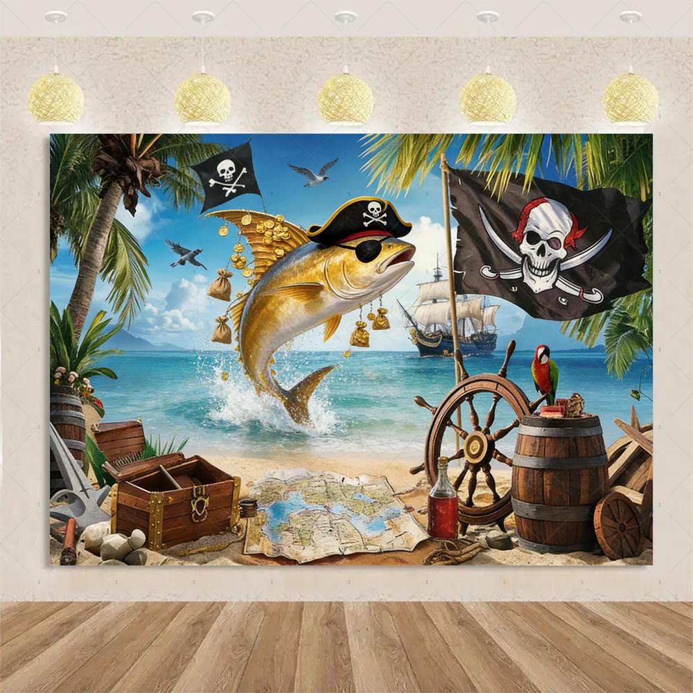 Pirate ship themed backdrop, world map of old treasure, children's birthday party decoration banner, supplies3289