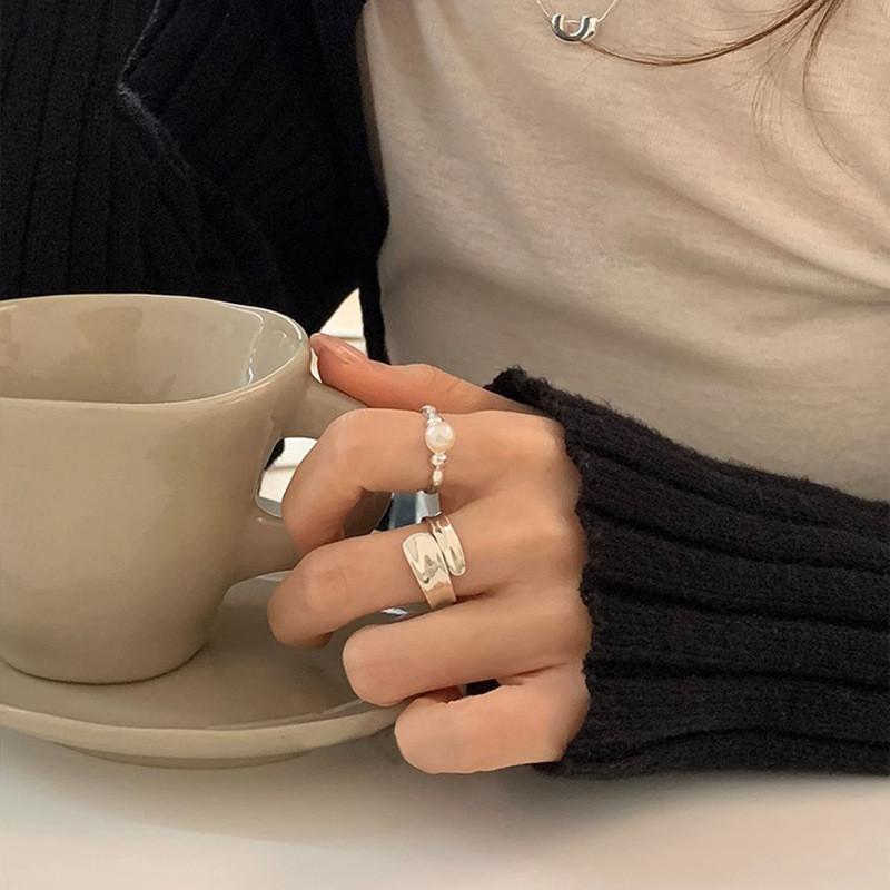 Elegant Korean Style Adjustable Pearl Ring For Women With Unique Geometric Design