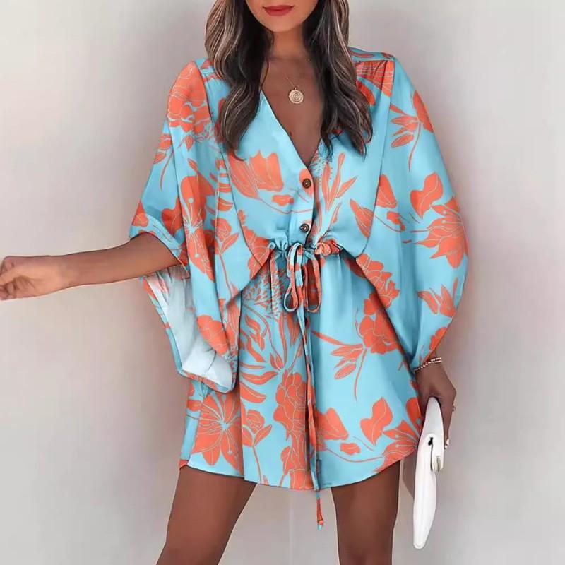 V-Neck Tie-Front Batwing Sleeve Casual Vacation Dress Women Floral Print Acetate Blend Short