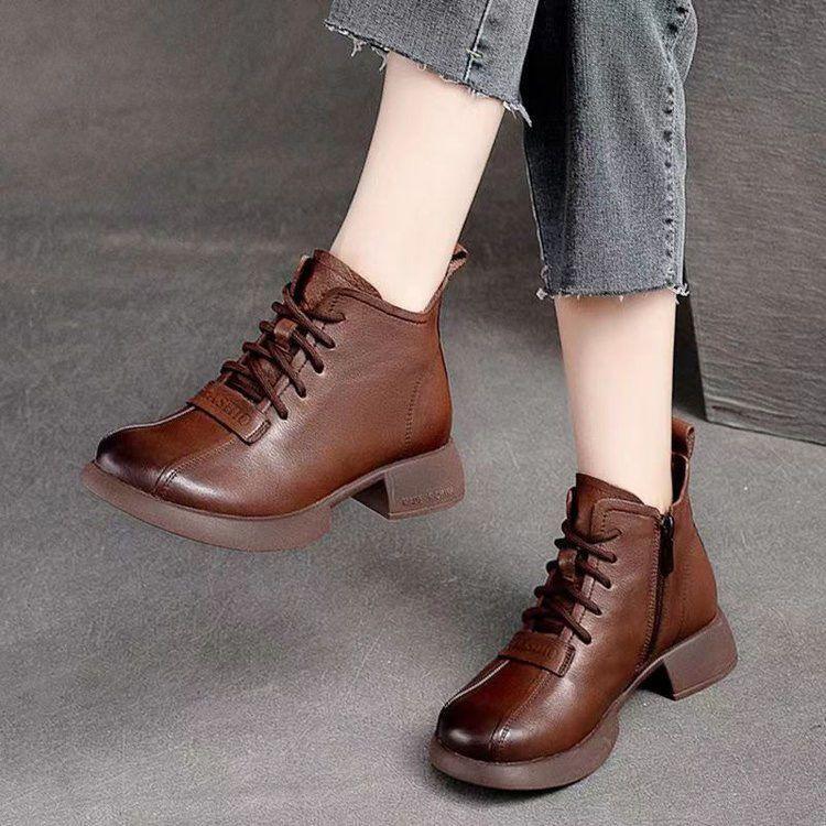 Martin boots women's British soft leather retro short boots low heel platform short tube lace-up short boots women