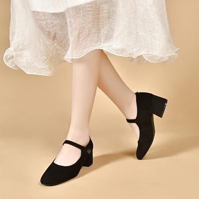 Mary Jane Shoes Women's Autumn Buckle Thick Heel Light Mouth Small Single Shoes Black Round Head Doll Shoes High Heels