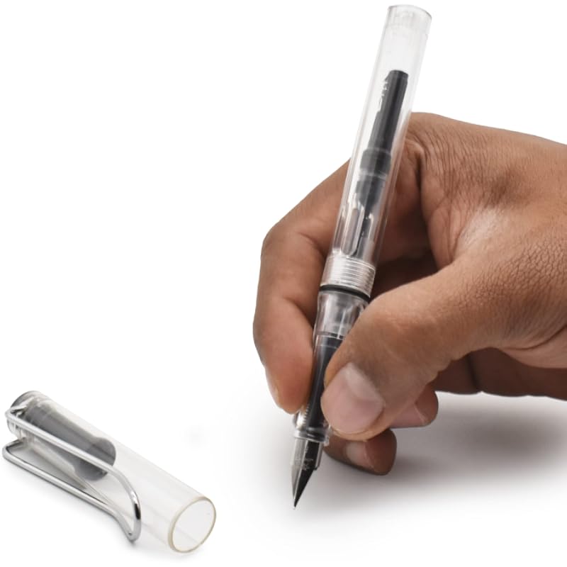 BUZZ COOL White Transparent Fountain Ink Pen With Ink Converter Pump | Clear Transparent Body Fountain Pen with Fine Nib