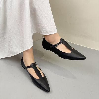 Retro Pointed Toe Buckle Strap Flats Genuine Leather Soft Sole Versatile Women's Shoes