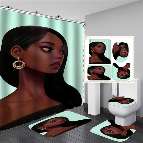 4PCS Full Set Bathroom Curtain Set Elegant African Black Woman Shower Curtain Hooks Modern Bath Mat Toilet Lid Cover Anti-slip Bath Mats