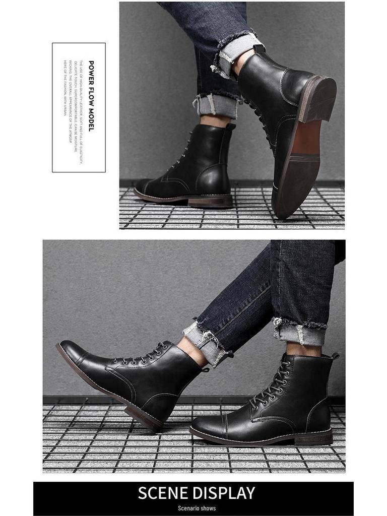 Men's Korean Style Retro Leather High-Top Martin Boots - Autumn Plus Velvet, Large Size, Work and Cotton Options Available.