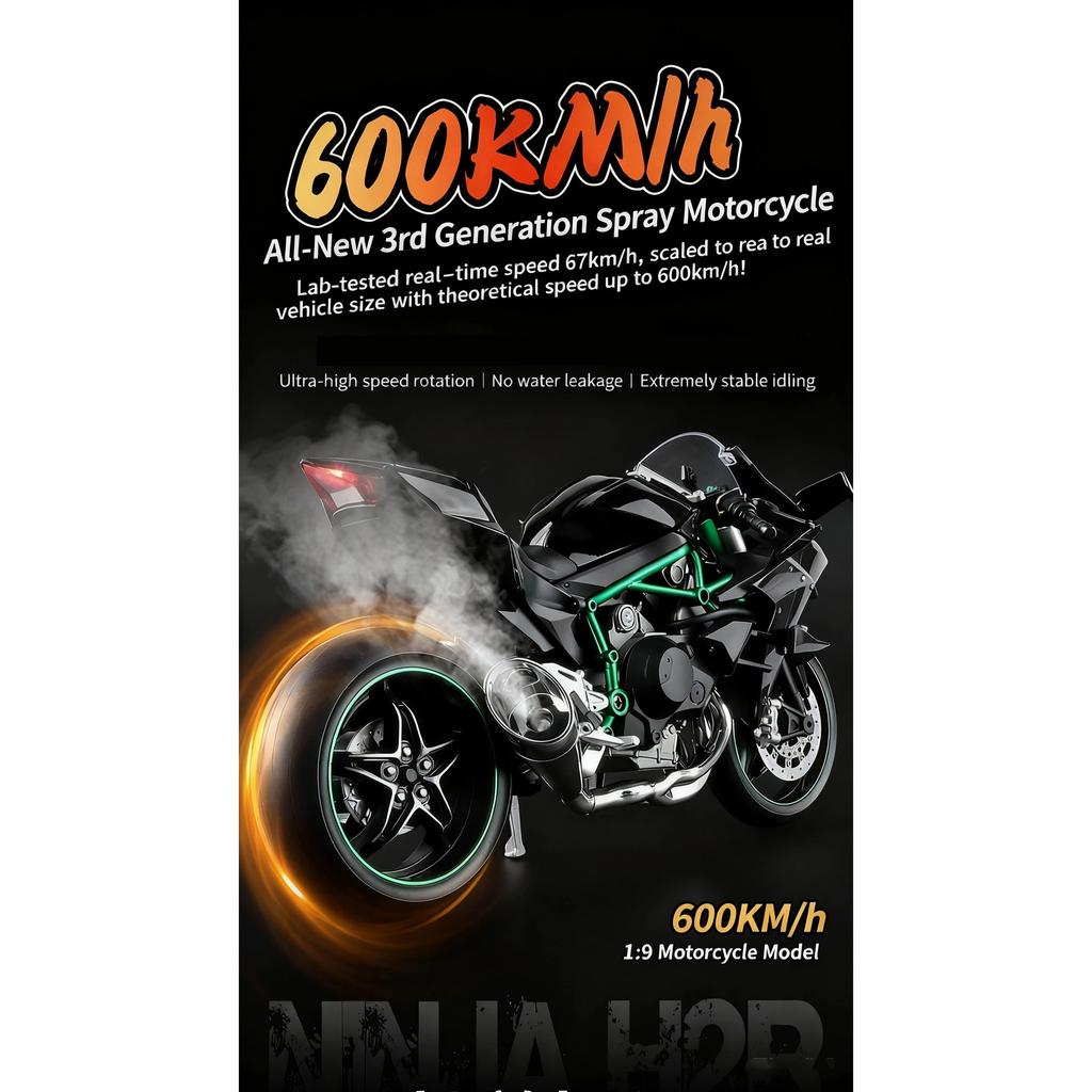 1/9 Kawasaki Ninja H2R with Spray Alloy Motorcycle Model Toy Vehicle Collection Sound and Light Off Road Autocycle Toys Car