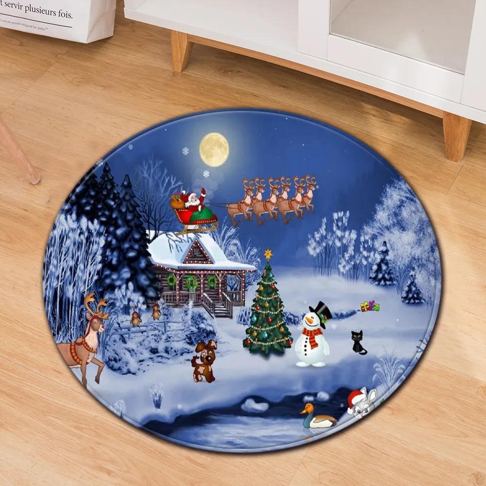 Christmas Santa Claus Pattern Round Carpet Living Room Bedroom Room Floor Decoration Carpet Home Bathroom Non-slip Floor Mat