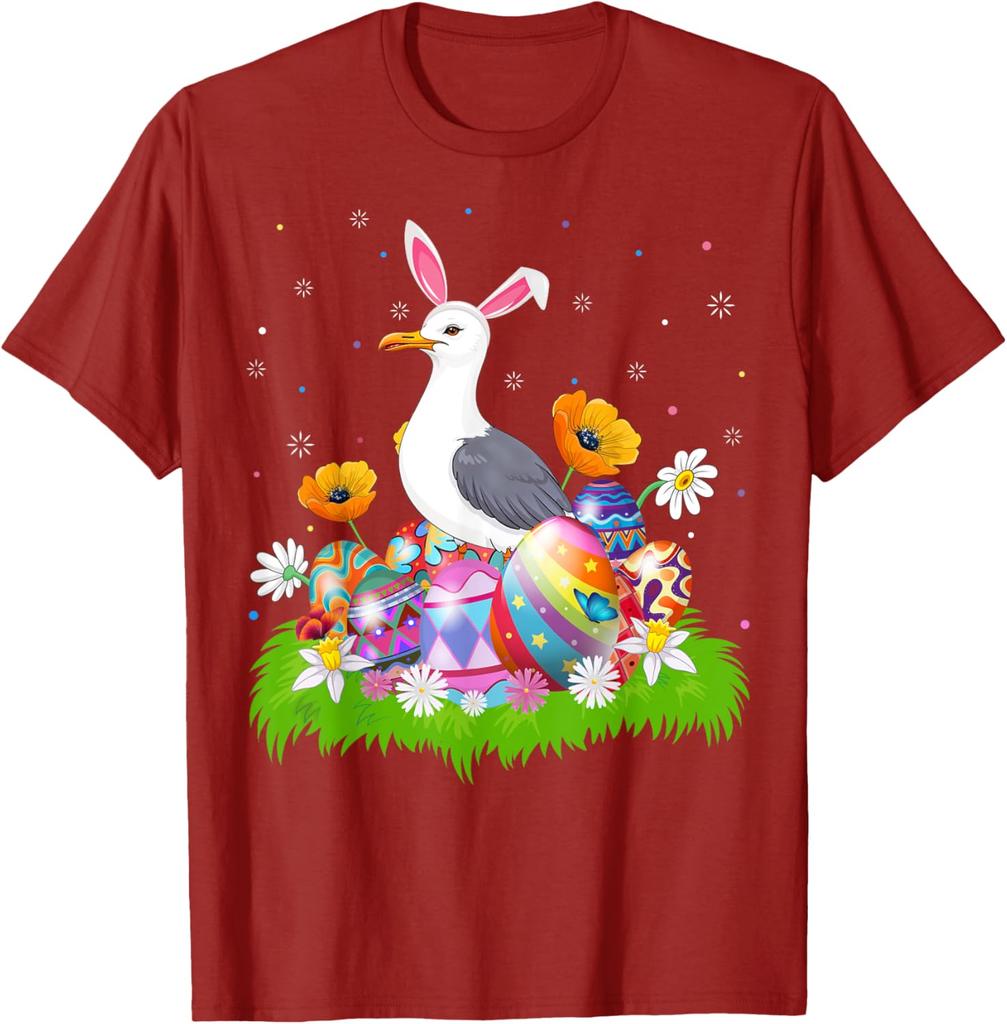 Seagull Bunny Ears Easter Eggs Graphic Tee Men Casual Cotton Short Sleeve T-Shirt