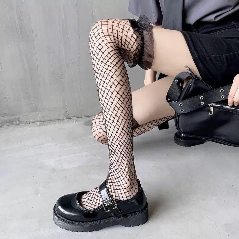 Mesh Stockings Black Lace Hollow Stockings Women'S Thin Lolita Mesh Socks Black And White Lace Knee Socks Black
