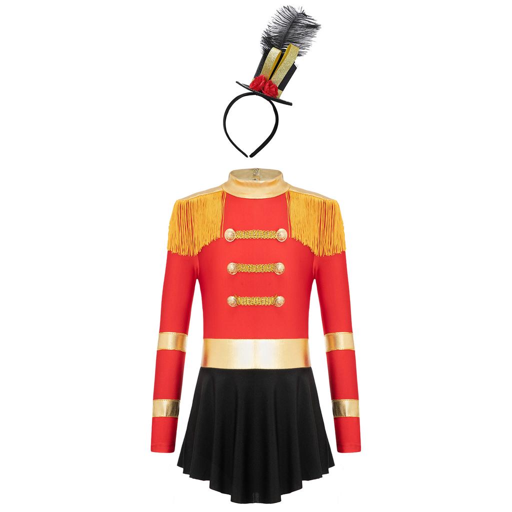 Girls Ringmaster Performance Costume Long Sleeve Fringe Jumpsuit Cutout Back Design Epaulet Trim Carnival Role Play Outfit