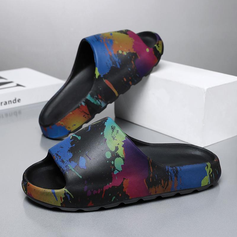 Mens Large Size Painted Thick-Soled Sandal Shoes, New Summertime Style, Anti-Skid Daily Flip-Flops, Beach Slide Shoes
