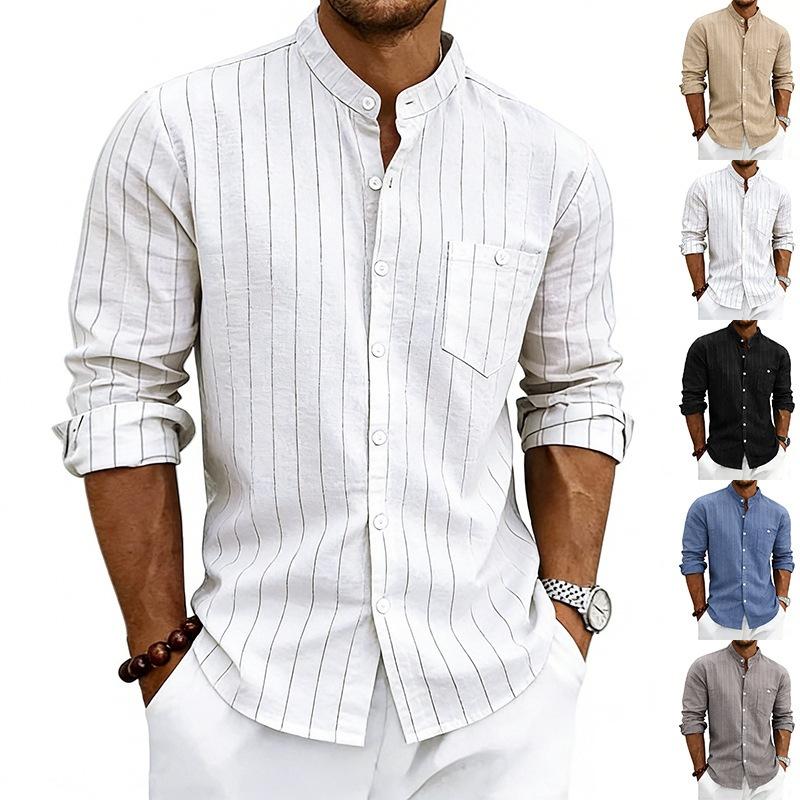Camicia da Uomo Stile Americano Primavera Estate Lino a Righe Larga Casual Collo Alto Manica Lunga Tasche Taglia S