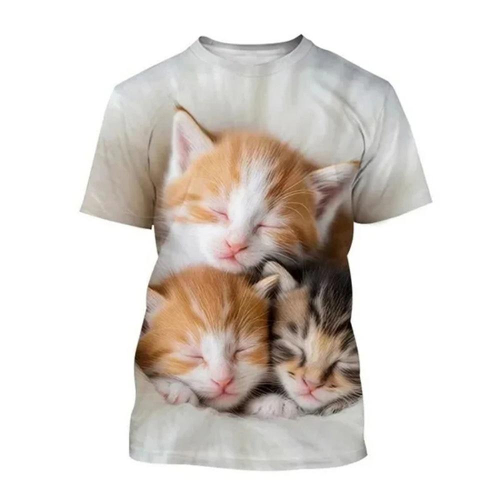 Fashion Korean Cute Cat Print Tees Children Girls Summer Clothes Kawaii Crew Neck