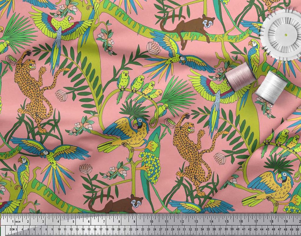 Soimoi Japan Crepe Satin Fabric Branches,Parrot & Leopard Jungle Print Fabric by the metre 42 Inch