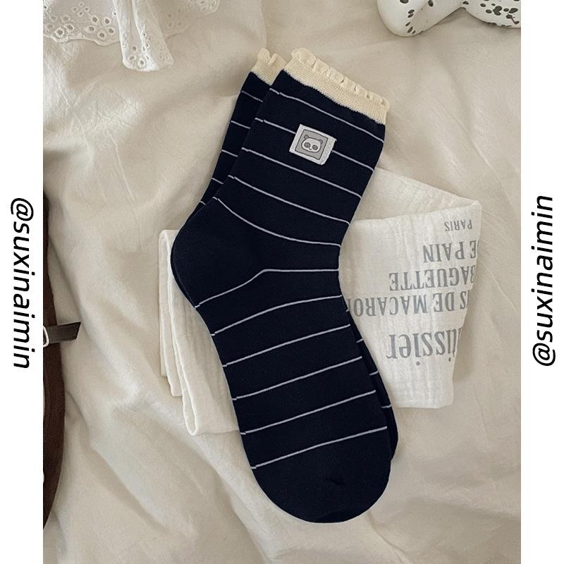 

Original cloth label panda socks women s Japanese striped medium tube socks ins tide bubble mouth stacking socks one size темно-синього кольору