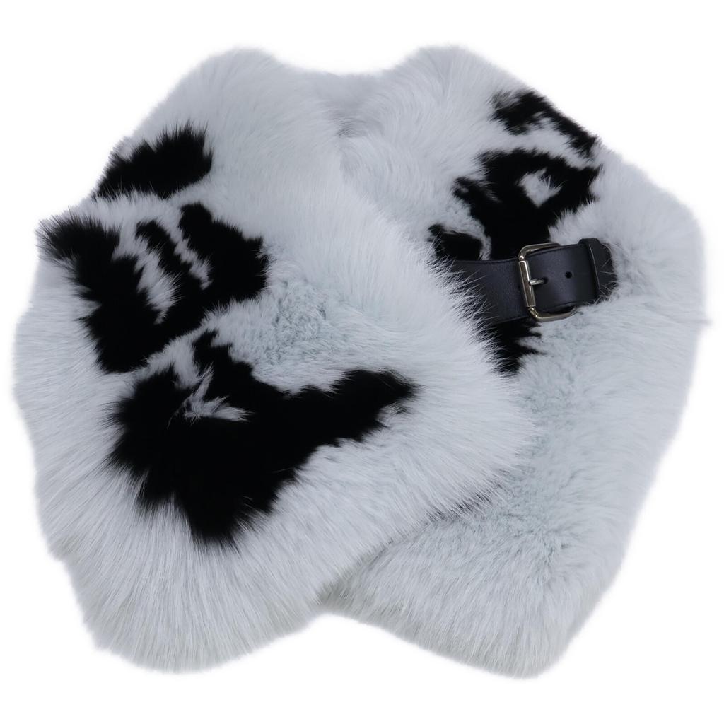 FENDI [Excellent Condition/Domestically Authorized] FNL121 1UY F07SQ Fox Fur/Silk Leather Belt Tippet Scarf HERON+BLACKUsed