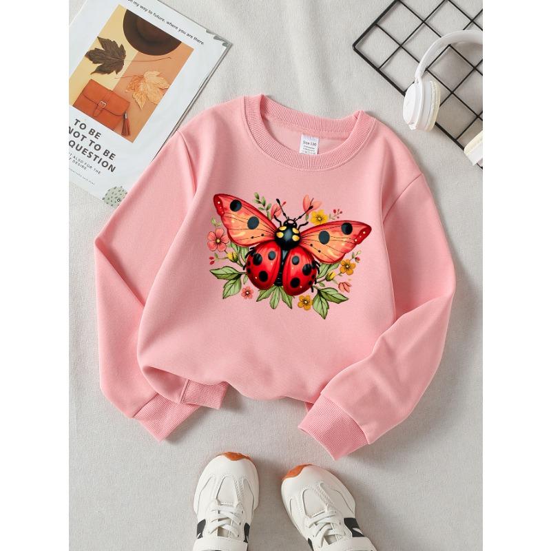 European sizes Girls' Soft Crewneck Sweatshirt, Red Ladybug Butterfly Floral Print with Cute Design, Casual All-Match, Ideal Holiday Present
