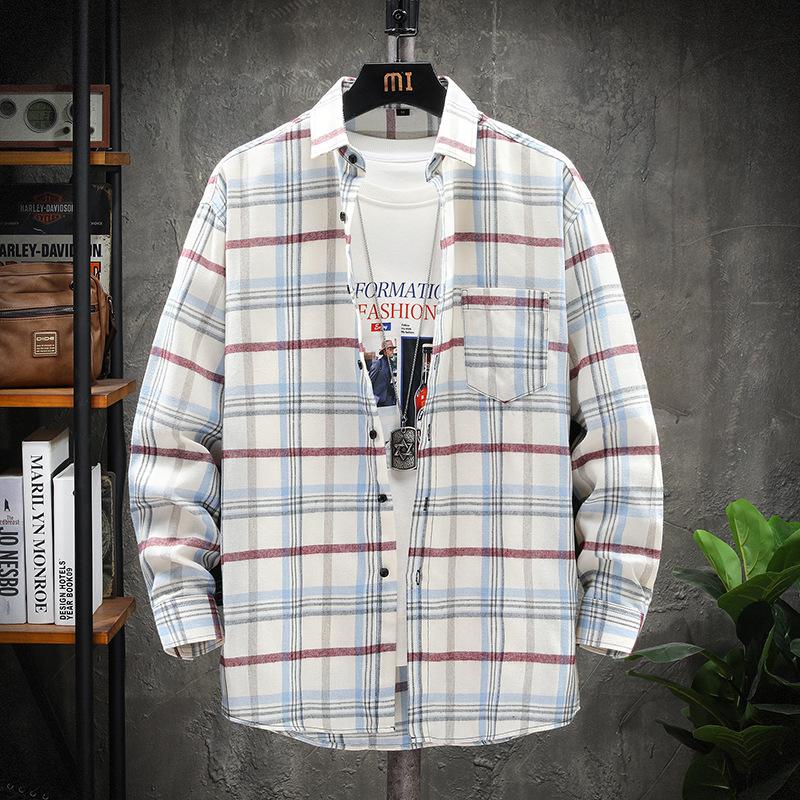 Men Casual Loose Plaid Turn Down Collar Long Sleeve Fashion Shirt