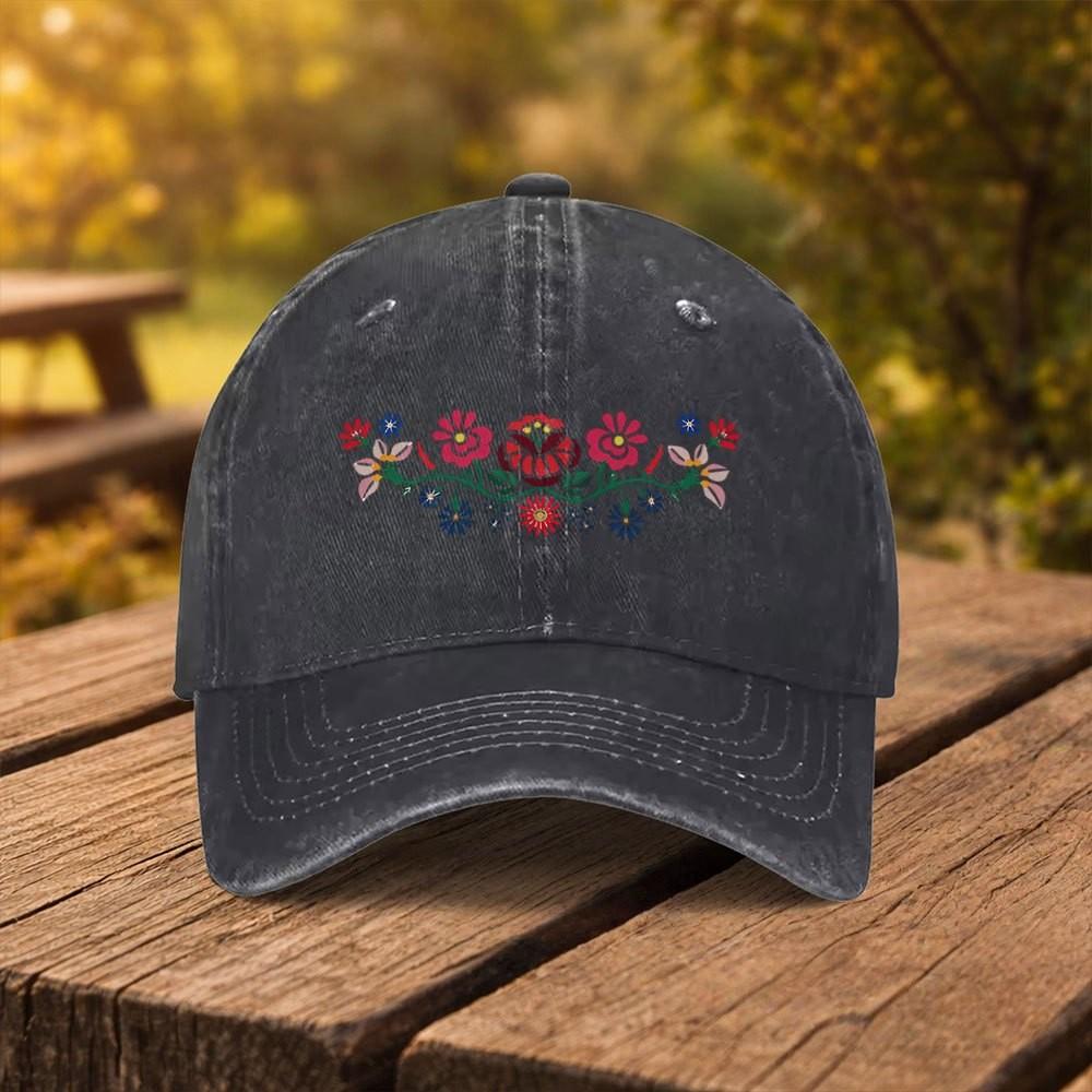 Folk Floral Print Washed Baseball Cap Unisex Adjustable Cotton Twill Outdoor Sports Hat