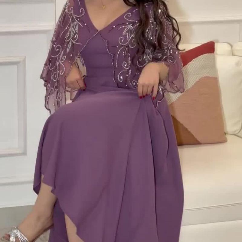 Moda Donna Elegante Ricamo Mezze Maniche Maglia Caftano Medio Oriente Sposa Damigelle Matrimonio Abito Lungo Splendido Festa Maxi Abiti da Ballo