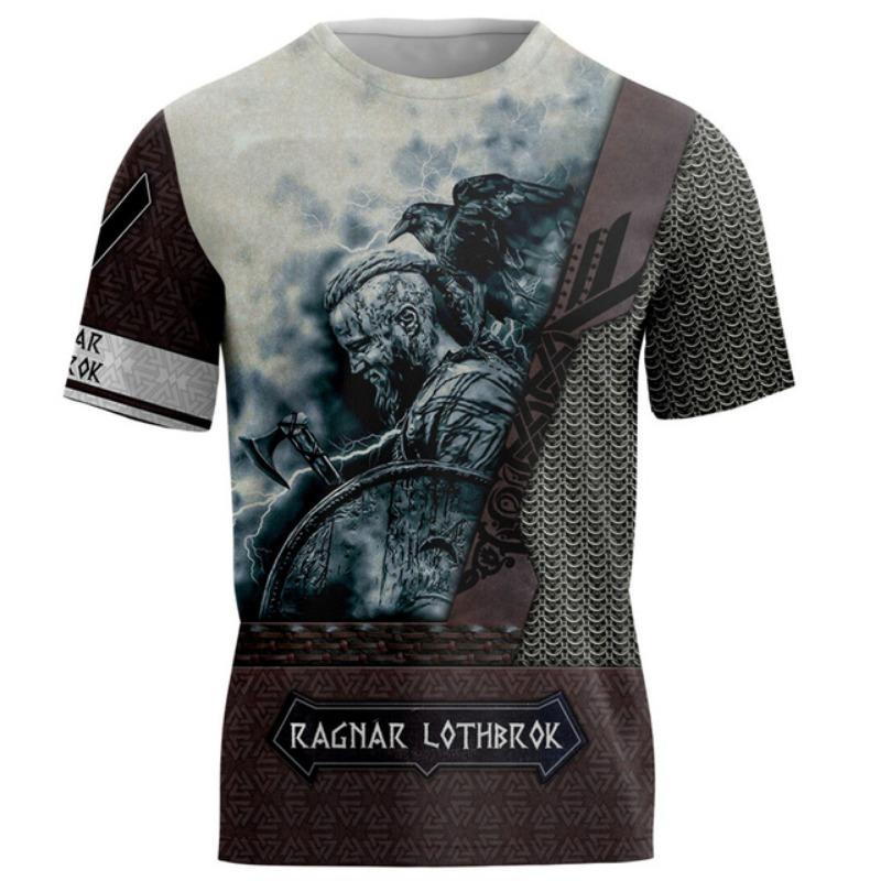 Fashion Personality Viking Print T-shirt Men's Casual O-neck Short Sleeve Top Hip Hop Harajuku Clothing Summer Oversized Shirt