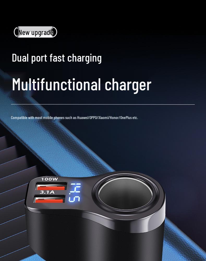 100W Dual USB Car Charger with Digital Display and One-to-Two Extension