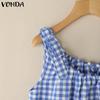 VONDA Women Summer Bow Strap Sleeveless Plaid Print Casual Ruffled Tank Tops