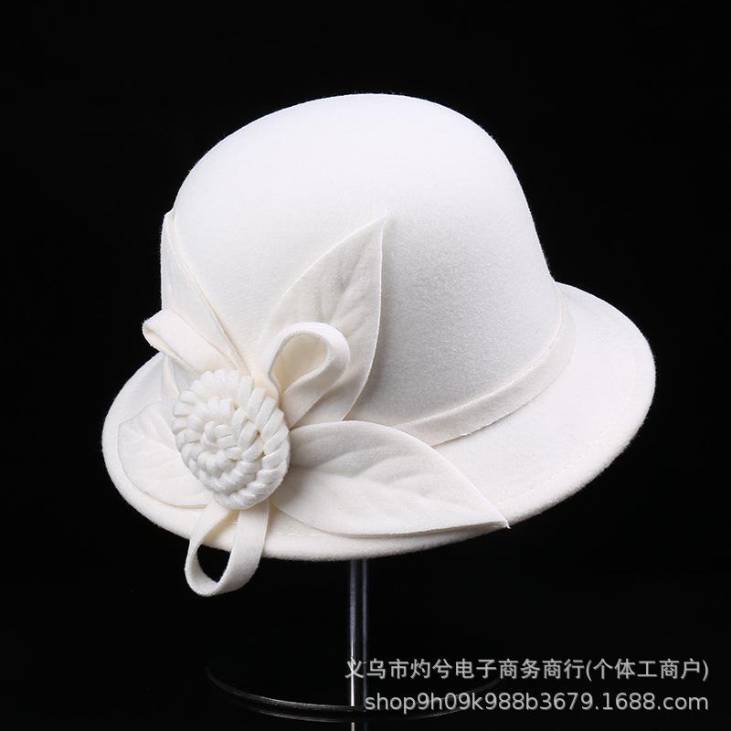 Solid color literary basin hat women shopping vacation French top hat autumn and winter flower felt hat woolen brim