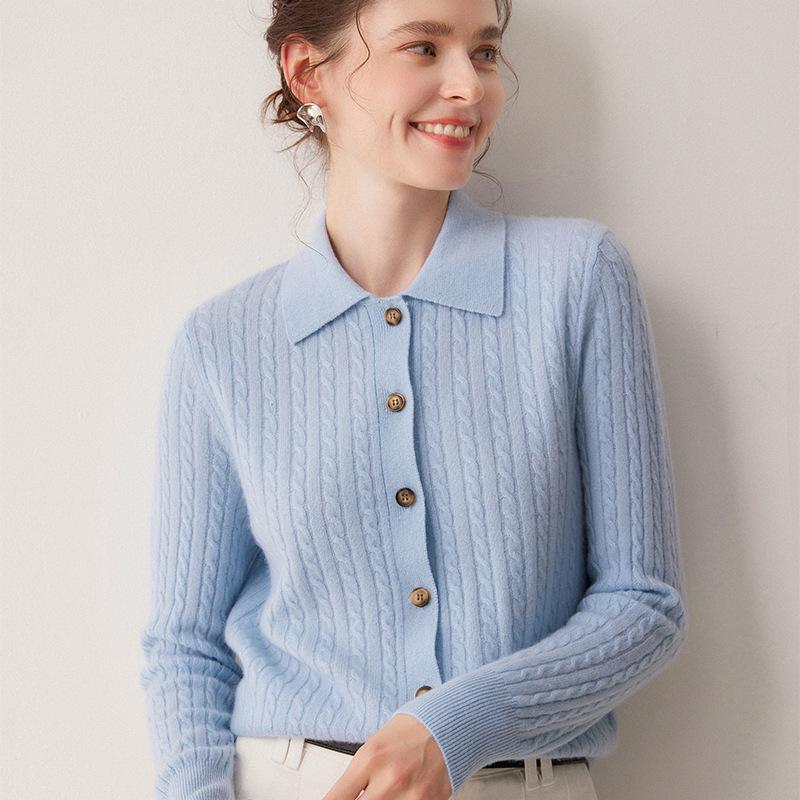 Women's Cashmere Cable Knit Cardigan, Long Sleeve, Single-Breasted Sweater Coat for Autumn/Winter