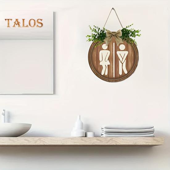 Wooden Toilet Sign Artificial Green Leaves Wall Decor Bathroom Sign Gender Tags Rustic Bathroom Sign with Lanyard for Home Cafe Restaurant Bar