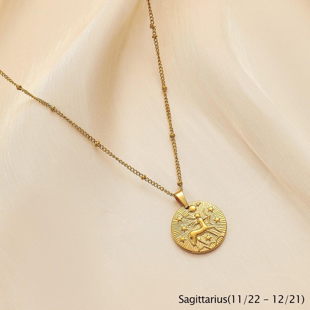 ALTERA Klassische 12 Sternzeichen Runde Münze Anhänger Halskette Edelstahl Tierkreis Halskette für Damen Herren Zirkon Geburtstagsgeschenk