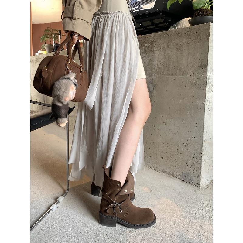 Cowhide Version~ Grape Mother Same Height Increase 5.5cm Martin Boots Women's Maillard Thick Heel Boots Thick-soled Buckle Short Boots