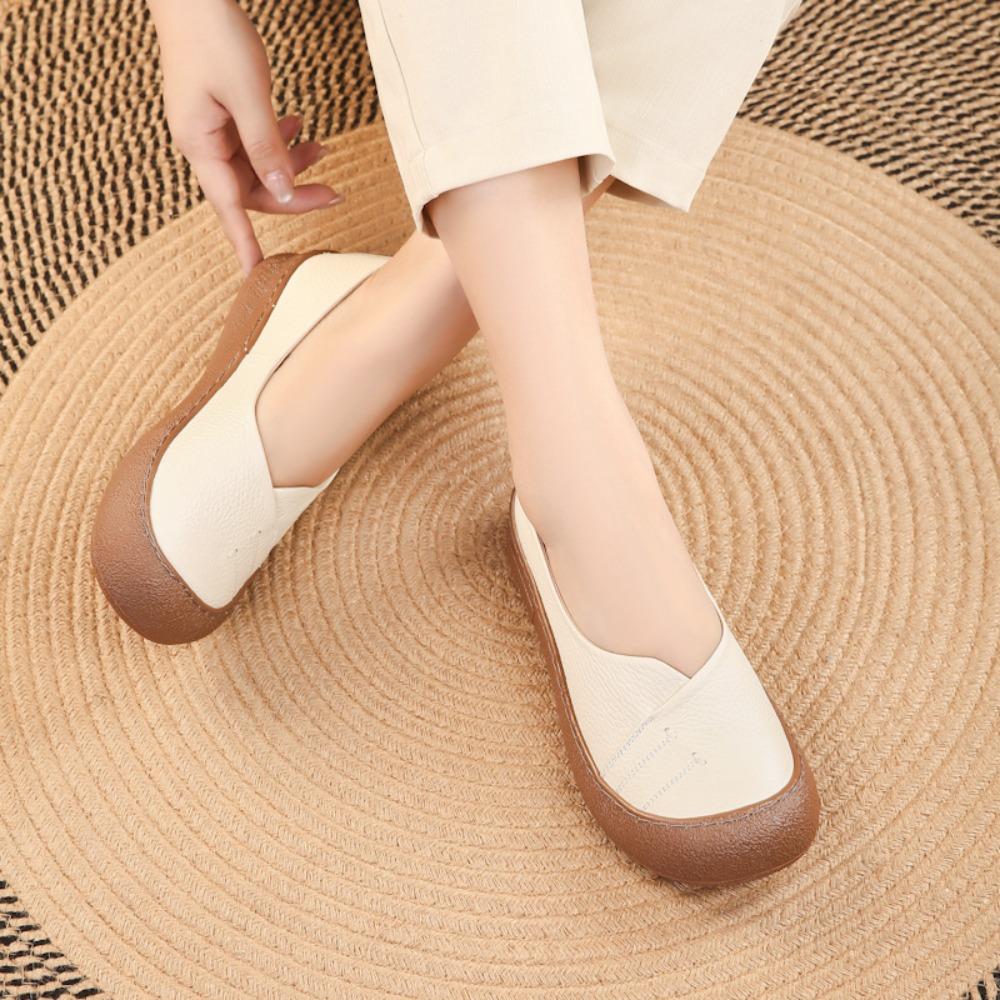 New Top‑Layer Cowhide Mom Slip‑on Shoes, Retro Shallow Mouth Flat Loafers, Anti‑Slip Wear‑Resistant Soft‑Sole Comfort Women Shoes SA‑7022