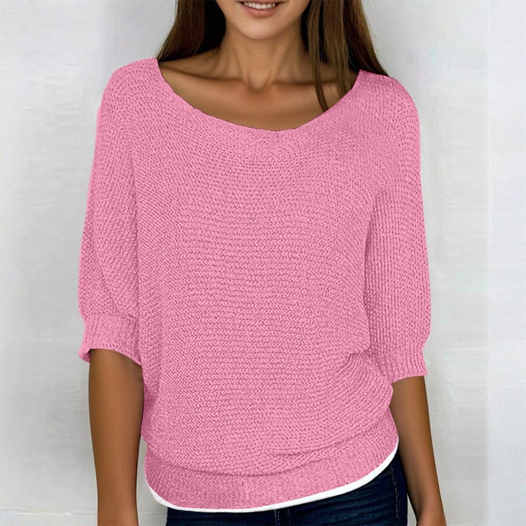 Women's Fashion Solid Color Round Neck 3/4 Sleeve Pullover Knitted Shirt Top
