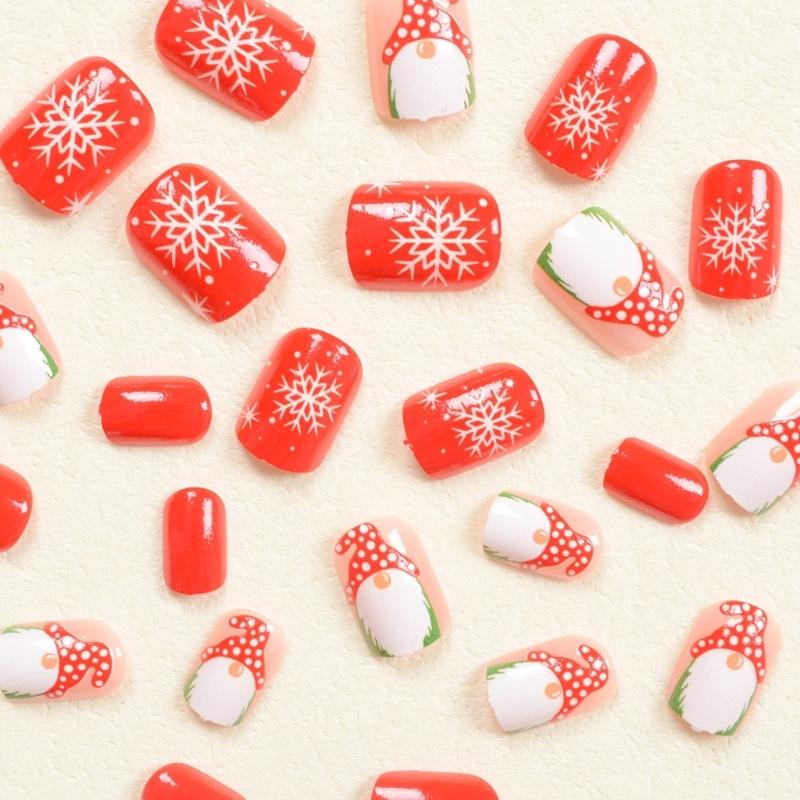 White Snowflake Press On Nails Short Square Artificial Nails Santa Claus Full Cover Stick on Nails Christmas False Nails