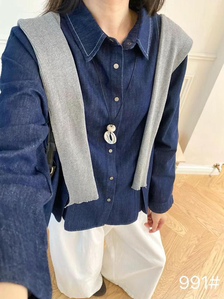 Playful Niche Spring Slit Denim Shirt - Women's Loose Chic Lapel Top (ZLG)