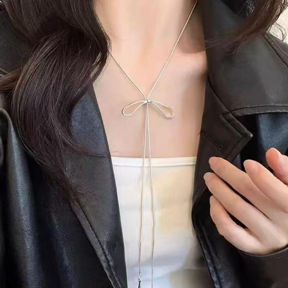 Korea Simple Silver Color Bow Tie Pull Adjustable Necklace Long Fashion Clavicle Chains for Women Charm Jewelry Accessories Gift серебряный
