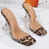 Plus Size Crystal Heel Leopard Print Stiletto Mules with Transparent Strap